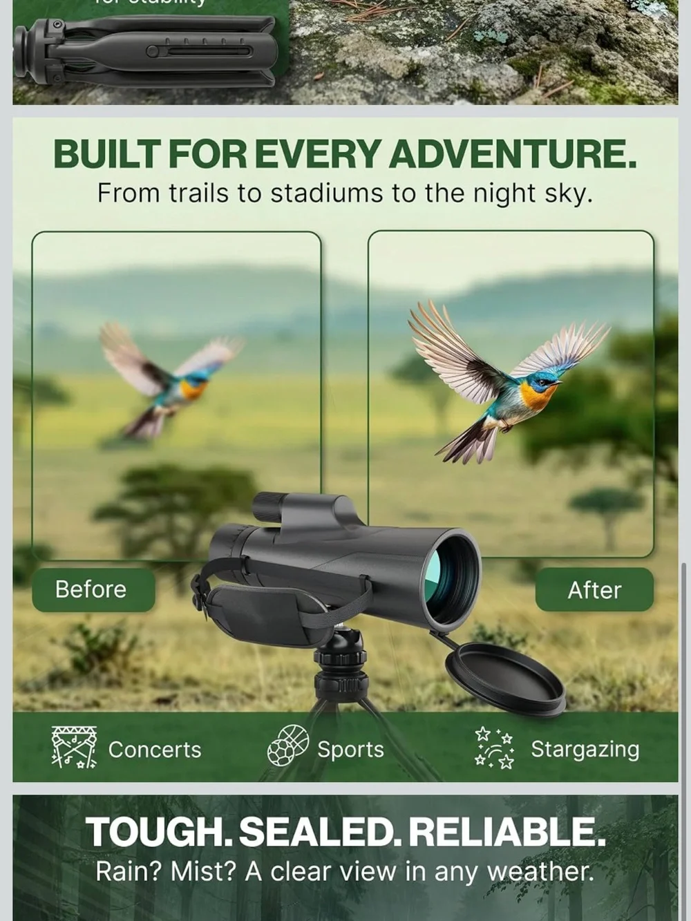 NEW SharpSight 12x50 HD Monocular Telescope BAK-4 Prism Bird Watching Hiking